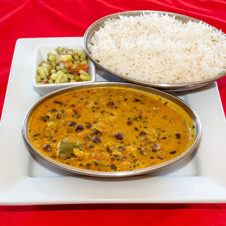 Dal fry served with rice.