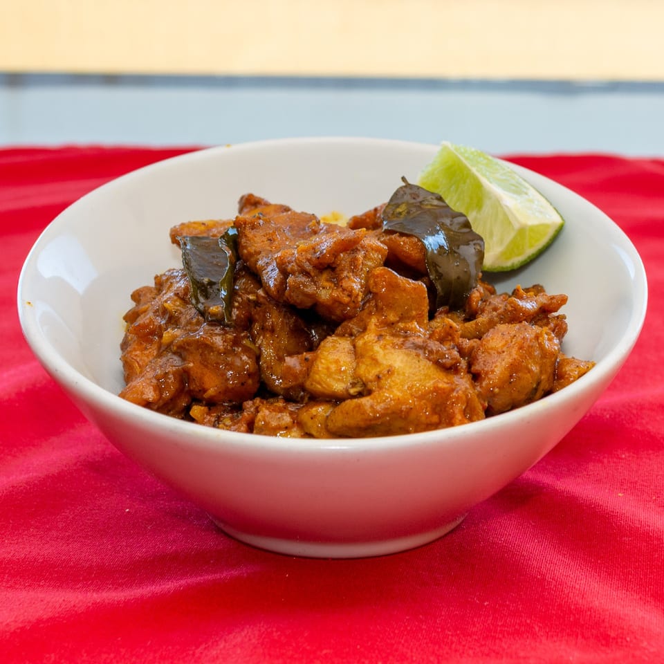 Chicken 65 with curry leaves and lime.