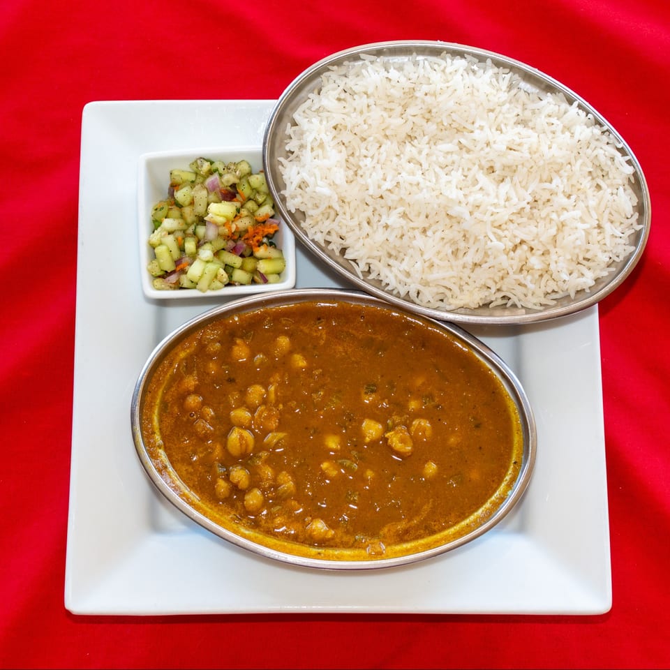 Chana masala served with rice.